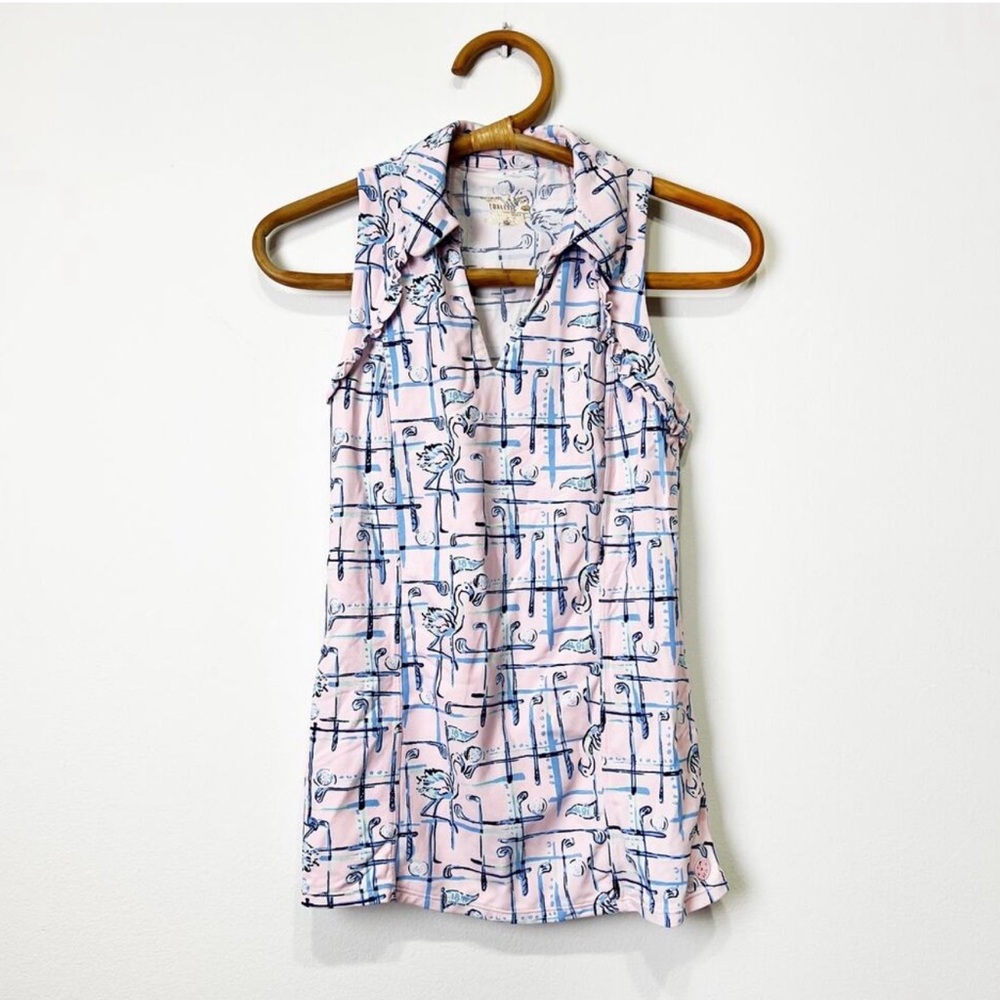 Lilly Pulitzer Luxletic Martina polo golf tank top pink flamingo ruffle Size L